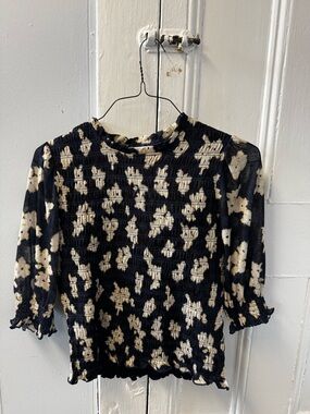 Woven Floral Smocked Top - Blue/Cream